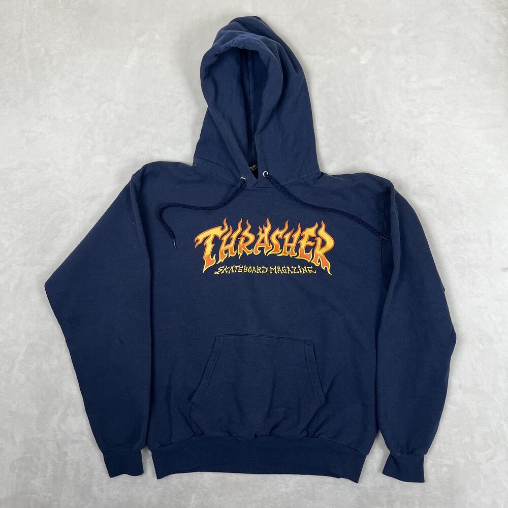 Thrasher Hoodie Womens Medium Blue Flame Graphic Pullover Sweatshirt Skate